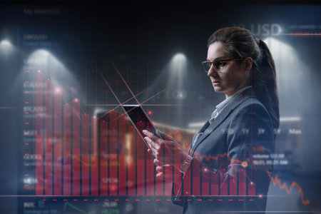 Business woman analyzes the graph of the financial crisis fall in the market on a virtual computer...
