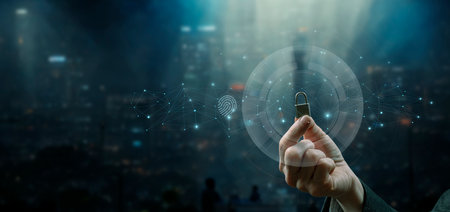 The concept of setting the protection of the Internet network. A hand sets a padlock on a network of...