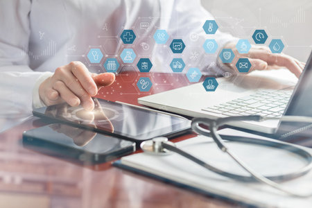 The concept of working with mobile devices in modern medical facilities.の写真素材