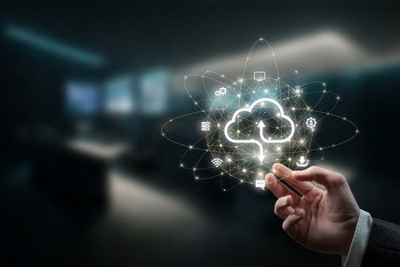 Businessman working with cloud computing on dark background.の写真素材