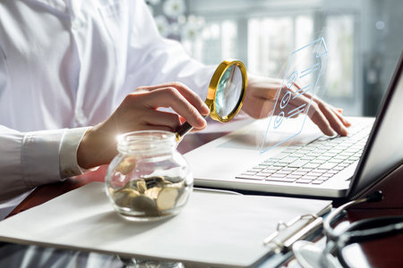 The doctor looks at the Cheklist through a magnifying glass on the virtual screen of the computer.の写真素材