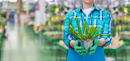 An employee of the store Everything for the garden shows a sapling on a blurred background.の写真素材