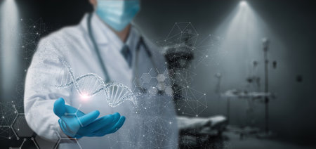 The doctor shows the DNA molecule that breaks up into a network in the hands.の写真素材