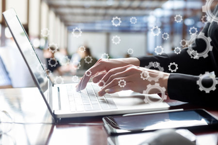 Business woman doing business management on a laptop.の写真素材