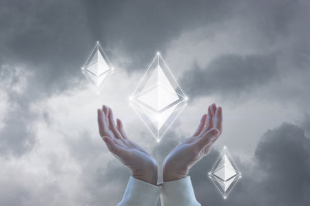 Ethereum support concept. Hands support the Ethereum icon on the sky background.