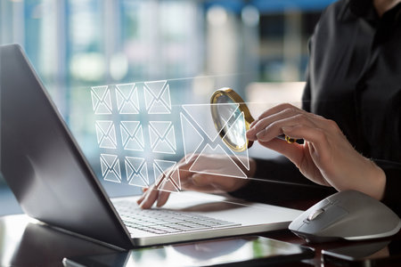 Concept of searching and learning email. Looking at a virtual screen at emails through a magnifying glass.の写真素材