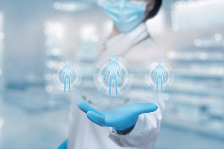 Doctor showing patients on a blurred background of a pharmacy.の写真素材