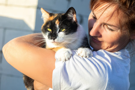 Woman holding a pet in the background of a construction site.の写真素材