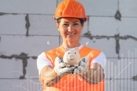 Construction investment concept. A woman in a construction helmet shows a piggy bank in the...