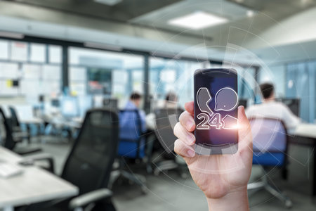The concept of a call center that works 24 hours a day. The hand shows a phone with 24 hours icon.