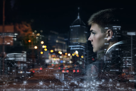 Businessman against the backdrop of the city and global communication on a blurred background.