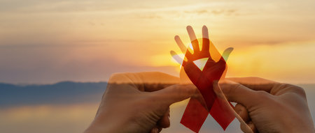 Concept of support and protection of AIDS patients. Double exposure of hands with ribbon and hands...