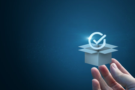 Concept of discovering a quality product. The hand shows an open box with a quality sign.の写真素材