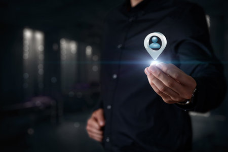 The manager shows the employee location icon on a dark background.の写真素材