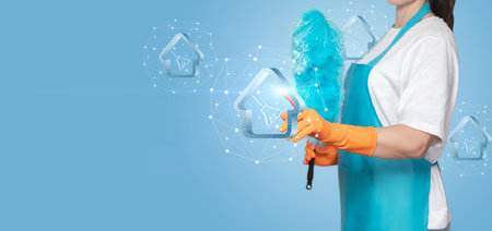 A cleaning lady clicks on the house icon for cleaning on a blue background.