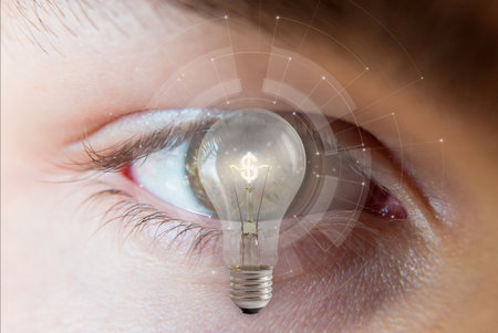 Business vision concept. A businessman eye looks at a hot light bulb with a dollar inside.の写真素材