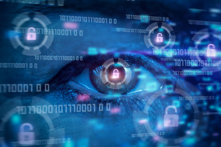 Concept of monitoring security breaches. An eye against a background of binary codes and open...