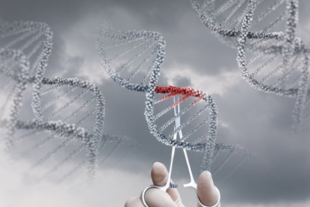 The laboratory assistant clamp touches the damaged DNA area against a blurred background.の写真素材