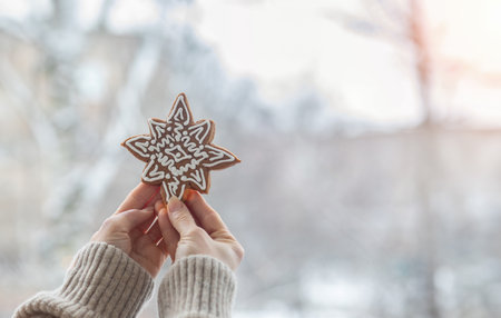 A woman hand shows a Christmas star as a gingerbread on a blurred winter background.