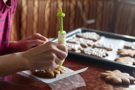 Concept of decorating sweet gingerbread cookies for the Christmas holiday.の写真素材