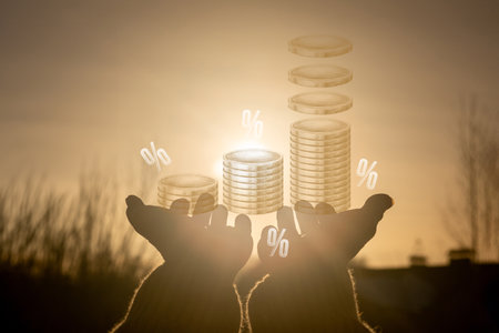 Concept of investment support. Hands show coins and percentages against the backdrop of a sunsetの写真素材