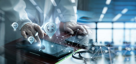 A doctor in a modern office with a tablet computer does a search on the Internet for a location.