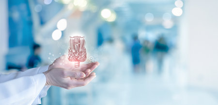 Hand of a doctor showing the thyroid gland on a blurred background.