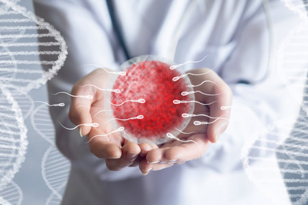 Doctor shows egg and sperm against background of DNA molecules.