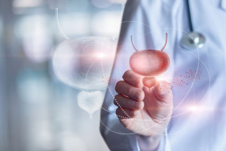 The concept of prostate diagnosis and treatment. Doctor shows bladder with prostate.の写真素材