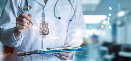 Doctor shows thyroid gland on virtual computer screen.