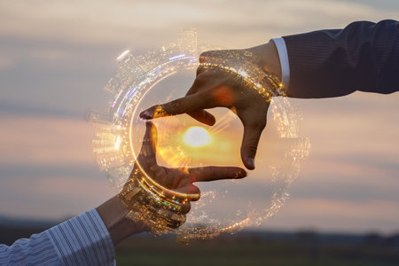 Double exposure of hands showing crop and city panoramas.