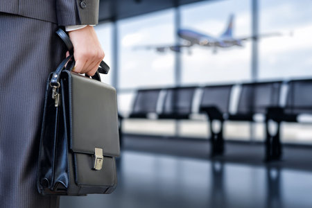 Business Travel Concepts. Businessman holding a briefcase against the backdrop of an airport waiting room.の写真素材