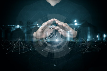Nuclear Power Plant Protection Concept. Protect nuclear power plant icon with gesture.の写真素材
