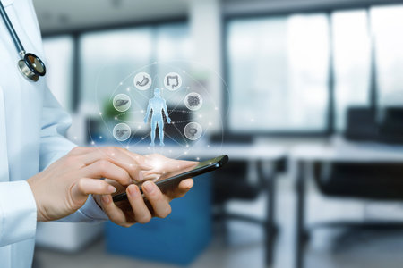 The concept of modern technology in medicine. The doctor works on the phone with the patient and his internal organs.の写真素材