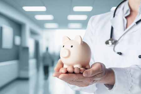 Doctor holding piggy bank on blurred clinic background.の写真素材