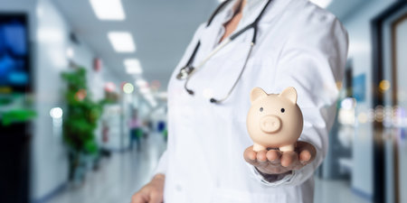 Doctor shows piggy bank in clinic background.の写真素材