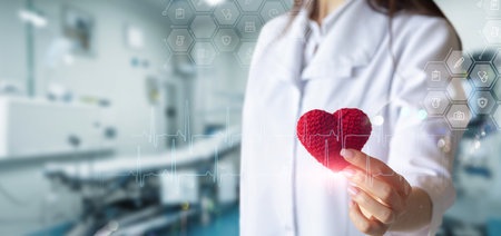 Concept of treatment and care of the heart. A doctor shows a knitted heart against a blurred background of a clinic.の写真素材