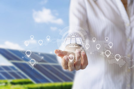 Concept of solar panels and stations as an alternative light source in the world.の写真素材