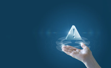 Hand with error symbol on blue background.