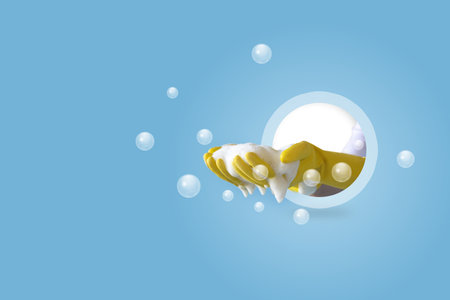 Hands with soapy foam emphasize the emphasis on cleanliness, hygiene and airiness.の写真素材