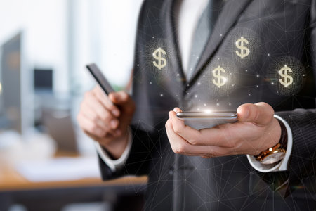 Concept Digital finance and mobile payments. Global integration of financial technologies into everyday life.の写真素材