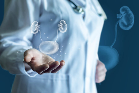 Doctor shows a sketch of the bladder and kidneys on a blue background.の写真素材