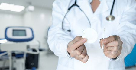 The concept of preparation for medical procedures or wound care. The doctor holds a cotton swab and a cotton swab.の写真素材