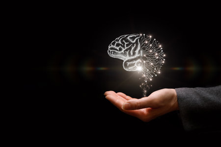 Concept support artificial intelligence. The hand shows the brain half of which is shown in the form...