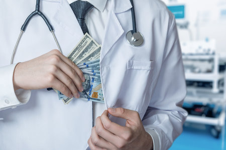 The concept of corruption in medicine. The doctor violates professional ethics by hiding money in his side pocket.の写真素材