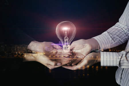 The concept of collaborative innovation and ideas. Generating new ideas through cooperation and synergy between both parties.の写真素材