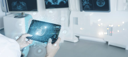 The doctor performs a digital diagnosis of the patient's kidney.