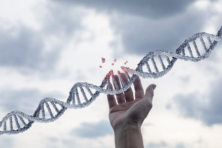 DNA molecule disintegrates when touched by hand against sky backgroundの写真素材