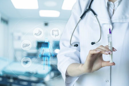 Medicine and vaccination are health care. The concept of the importance of vaccination and medical care in modern medicine.の写真素材