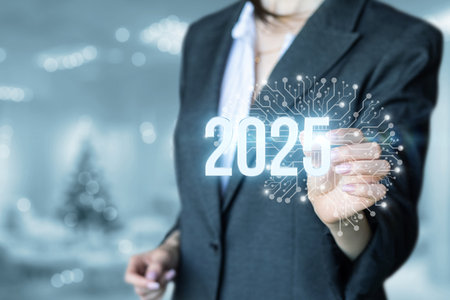 Technologies 2025 The future is already here. A woman in a business suit points to the year 2025.の写真素材